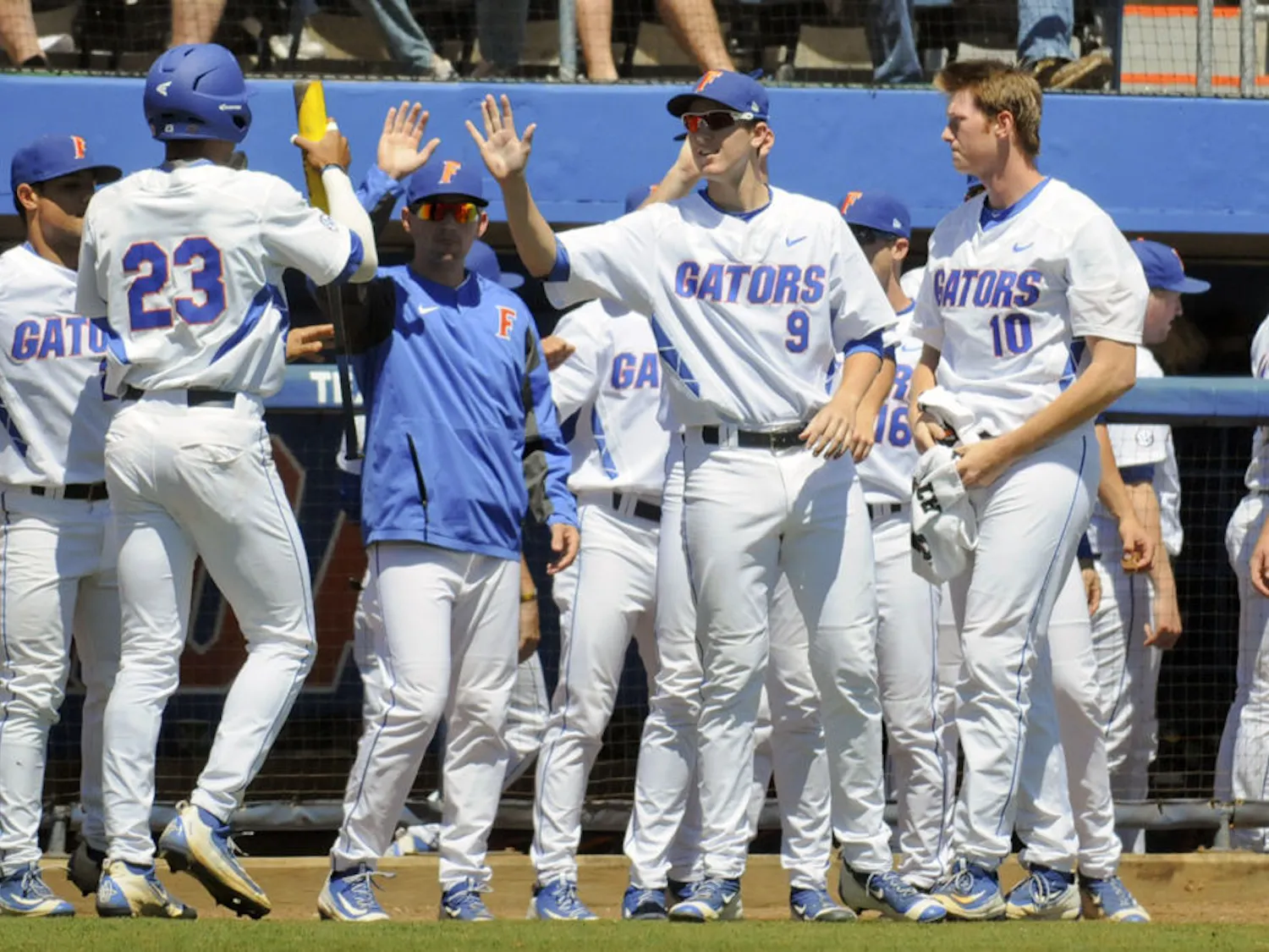 Florida players celebrate during the team's 10-7 win over Texas A&M on April 3, 2016, at McKethan Stadium.