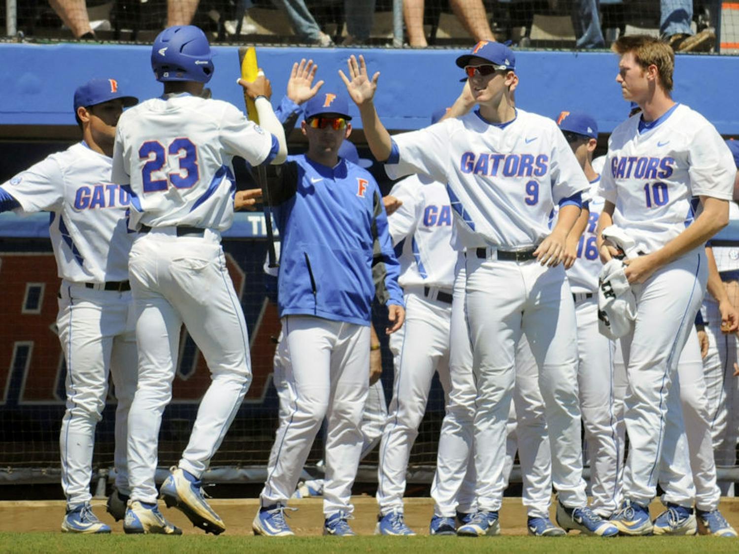 Florida players celebrate during the team's 10-7 win over Texas A&amp;M on April 3, 2016, at McKethan Stadium.