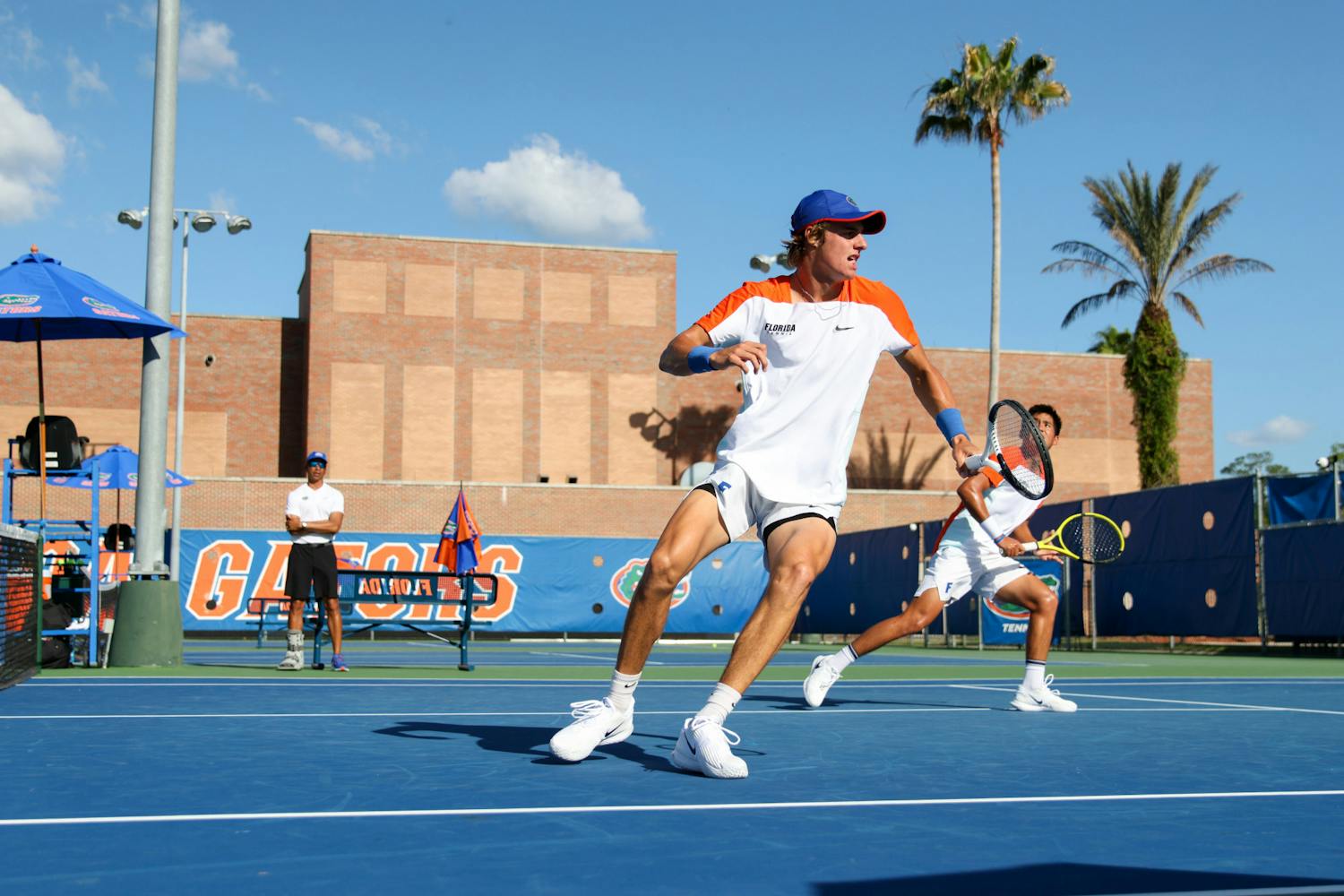 Florida sophomore Nate Bonetto (left) and freshman Tanapatt Nirundorn (right) compete in their doubles match during the Gators' 6-1 win over the Arkansas Razorbacks Friday, March 24, 2023.