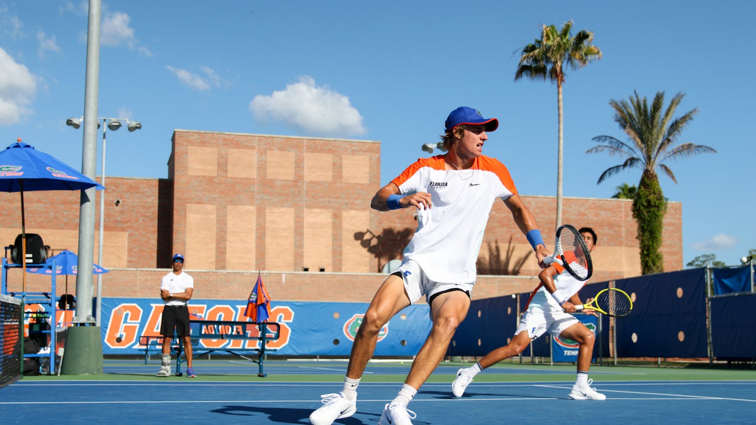 Florida sophomore Nate Bonetto (left) and freshman Tanapatt Nirundorn (right) compete in their doubles match during the Gators' 6-1 win over the Arkansas Razorbacks Friday, March 24, 2023.
