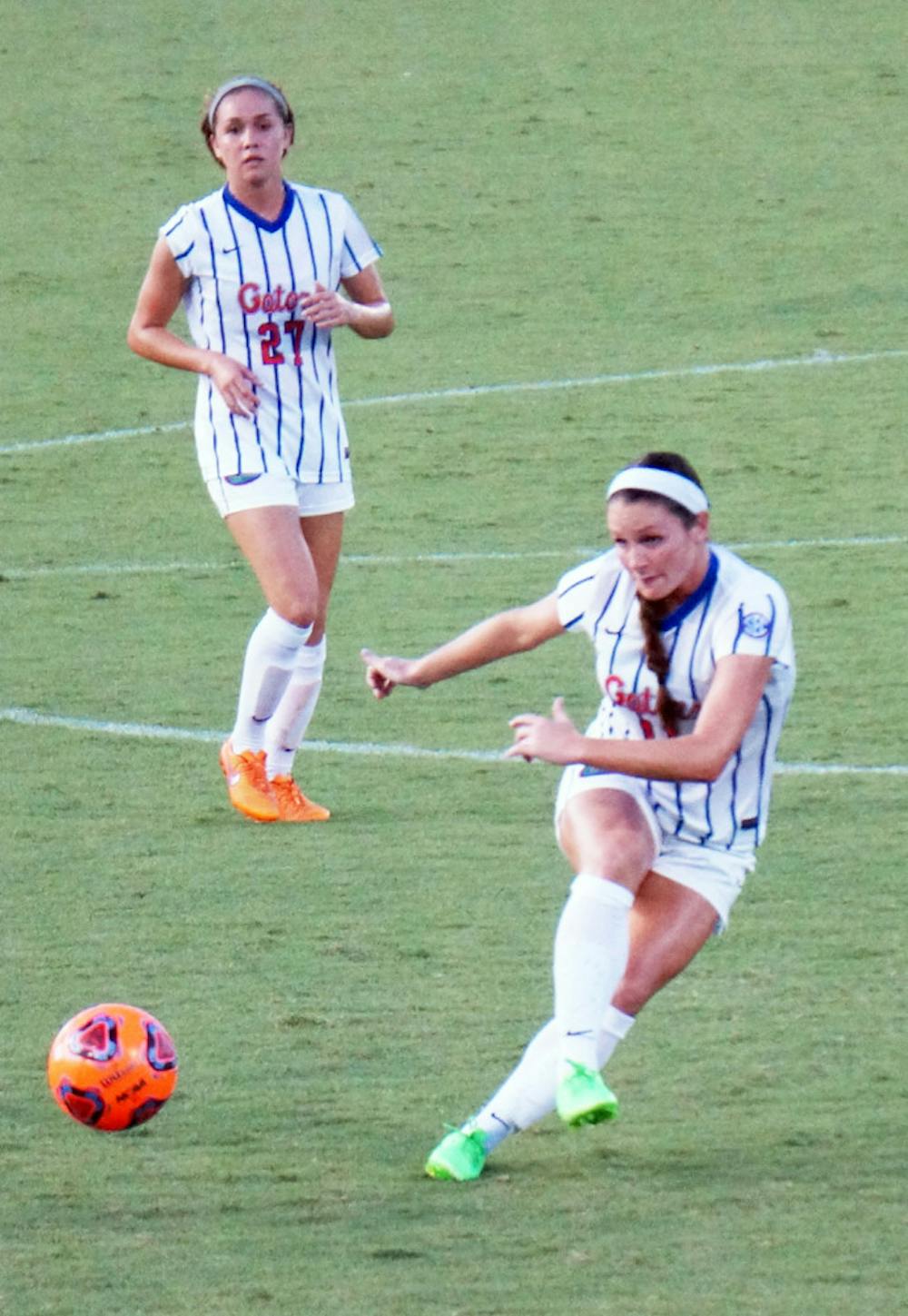 <p>UF forward Brooke Sharp shoots during Florida's 2-1 loss to Texas A&amp;M on Sept. 10, 2015 at Donald R. Dizney Stadium.</p>