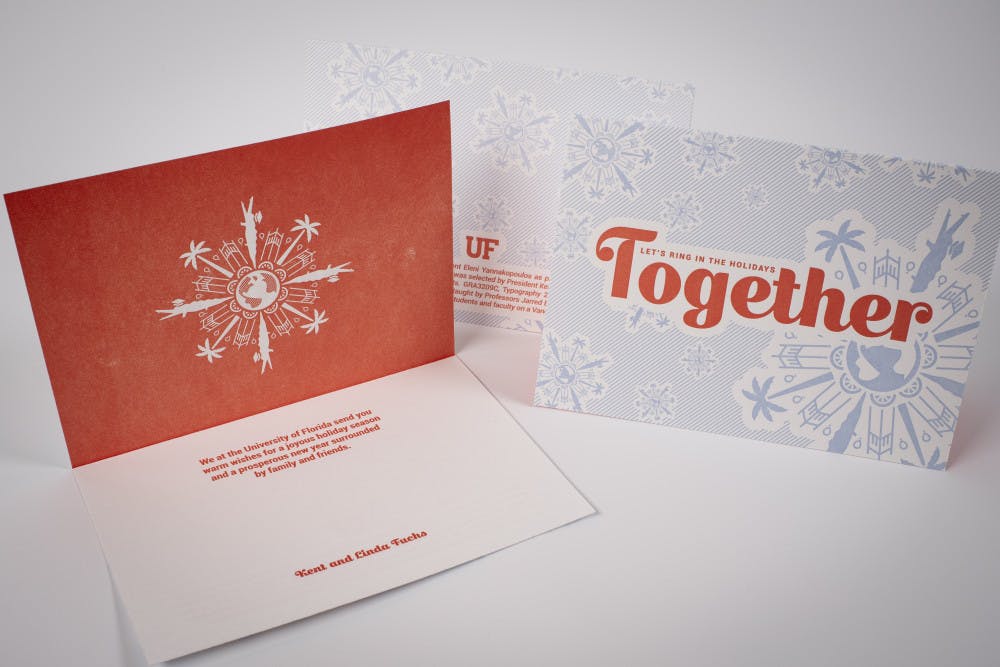President Kent and Linda Fuchs’ 2018 holiday card. The card was designed by Eleni Yannakopoulos, a  21-year-old UF graphic design and advertising junior, who won a design contest. 