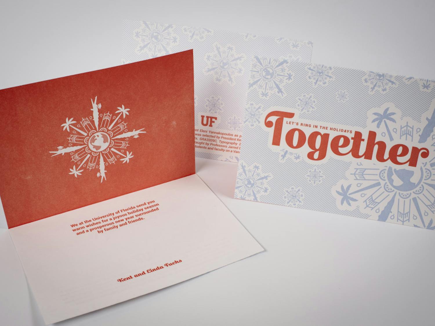 President Kent and Linda Fuchs’ 2018 holiday card. The card was designed by Eleni Yannakopoulos, a  21-year-old UF graphic design and advertising junior, who won a design contest. 