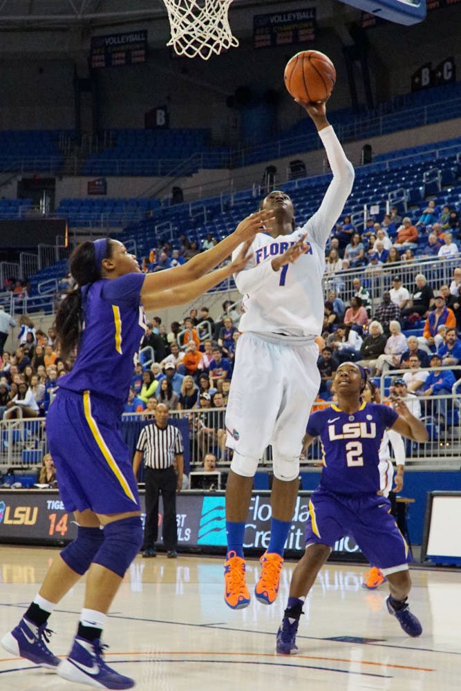 UF forward Ronni Williams goes for a layup during Florida's 53-45 win against LSU on Jan. 17, 2016, in the O'Connell Center.