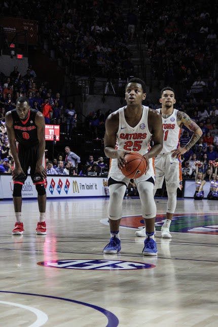 UF forward Keith Stone prepares to shoot a free throw in Florida's 80-76 win against Georgia on Jan. 14, 2017, at the O'Connell Center.&nbsp;