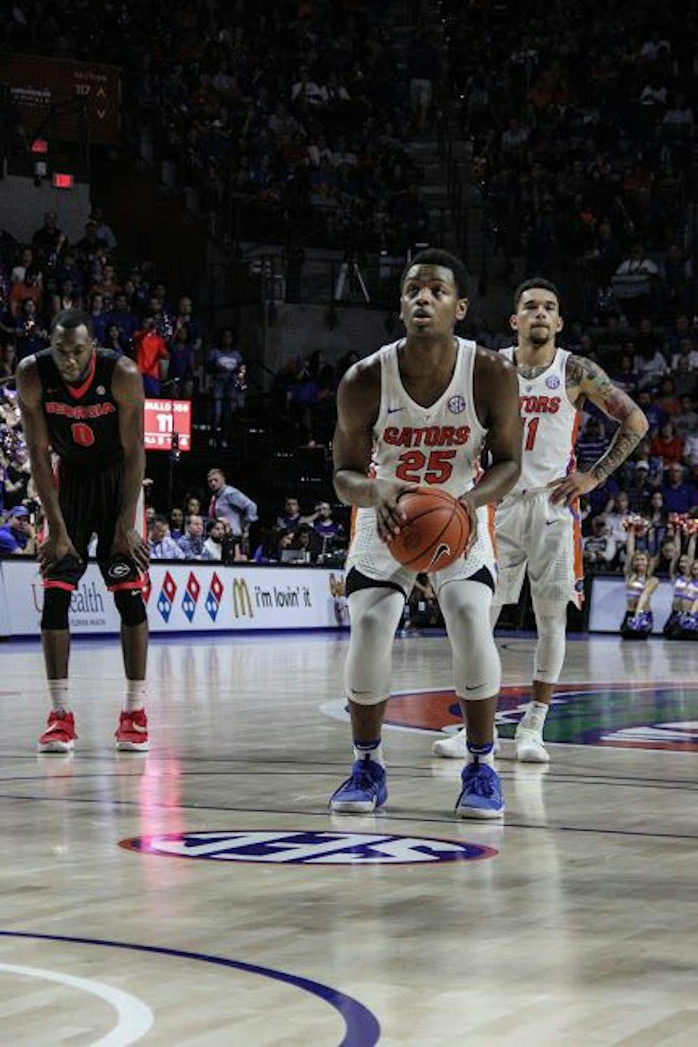 <p>UF forward Keith Stone prepares to shoot a free throw in Florida's 80-76 win against Georgia on Jan. 14, 2017, at the O'Connell Center.&nbsp;</p>