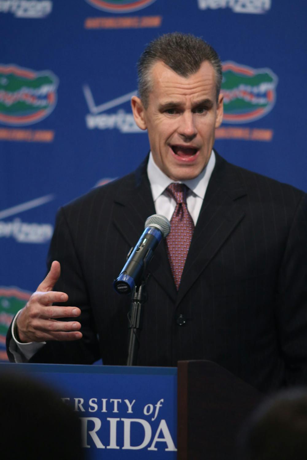 <p><span>Gators coach Billy Donovan addresses reporters during the Florida men’s basketball team’s annual media day at the University Women’s Club on Oct. 9.</span></p>