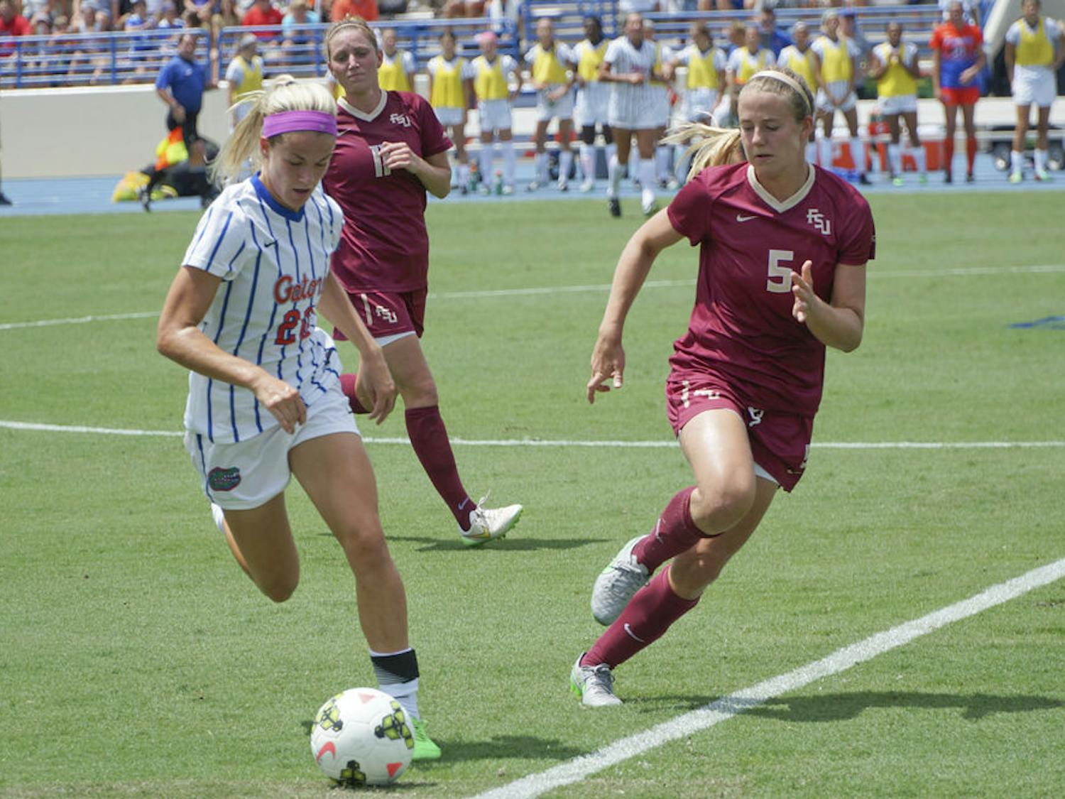 UF defender Christen Westphal dribbles the ball during Florida's 3-2 win against Florida State on Aug. 30, 2015, at James G. Pressly stadium.