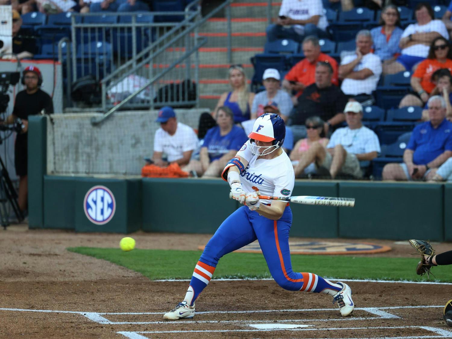 Florida catcher Jocelyn Erickson (8) swings during an NCAA softball game against Missouri, Monday, March 9, 2026, in Gainesvile, Fla.