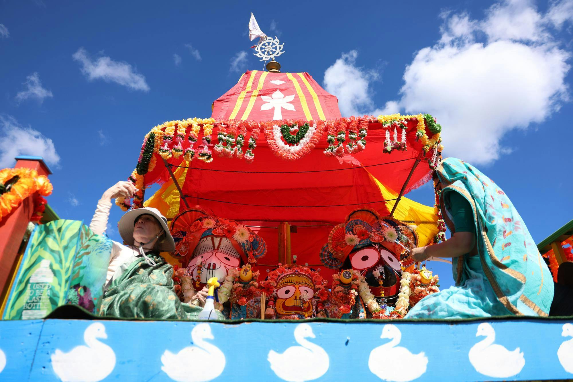The Krishna House float prepares to drive down 13th Street just before the Homecoming Parade on Friday, Oct. 17, 2025. 
