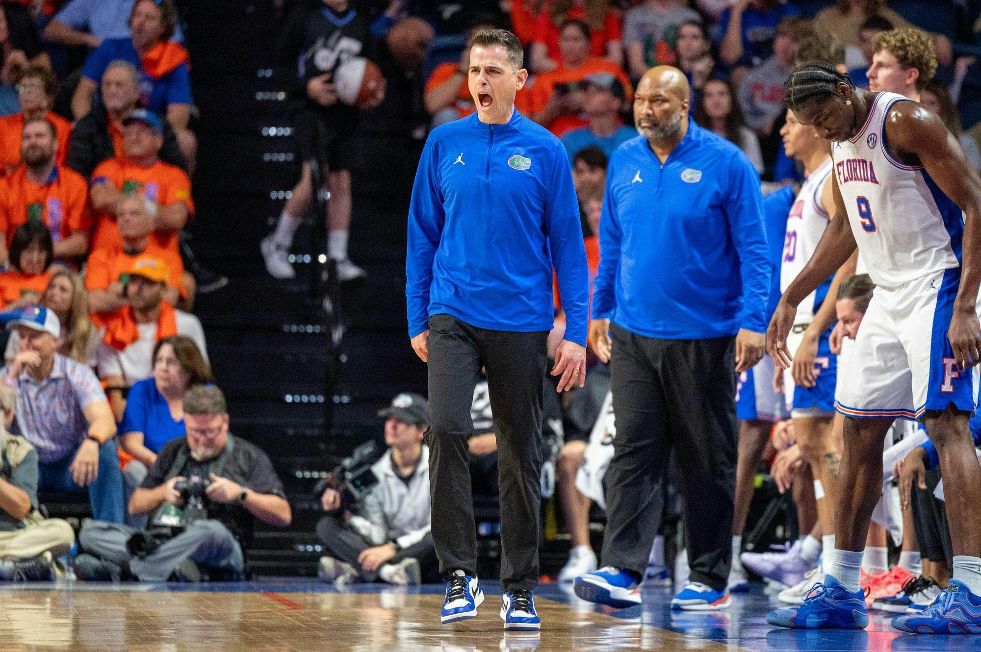 Florida head coach yells down the court during the second half of an NCAA college basketball game against Kentucky, Saturday, Feb. 14, 2026 at Exactech Arena in Gainesville, Fla.