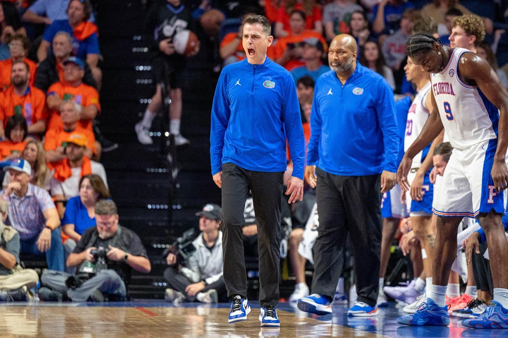 <p>Florida head coach Todd Golden yells down the court during the second half of an NCAA college basketball game against Kentucky, Saturday, Feb. 14, 2026 at Exactech Arena in Gainesville, Fla.</p>