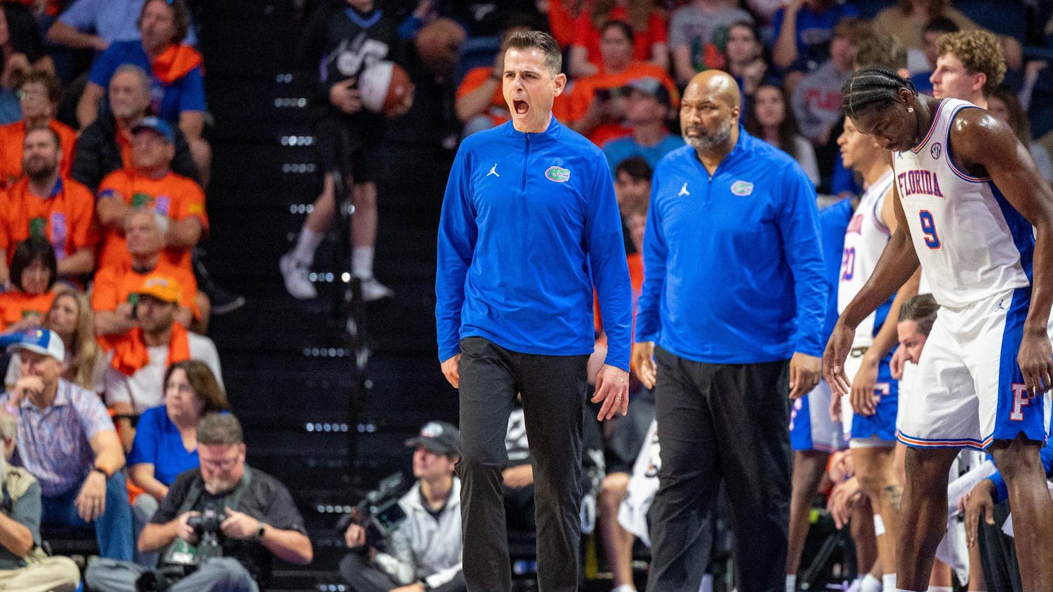 Florida head coach yells down the court during the second half of an NCAA college basketball game against Kentucky, Saturday, Feb. 14, 2026 at Exactech Arena in Gainesville, Fla.
