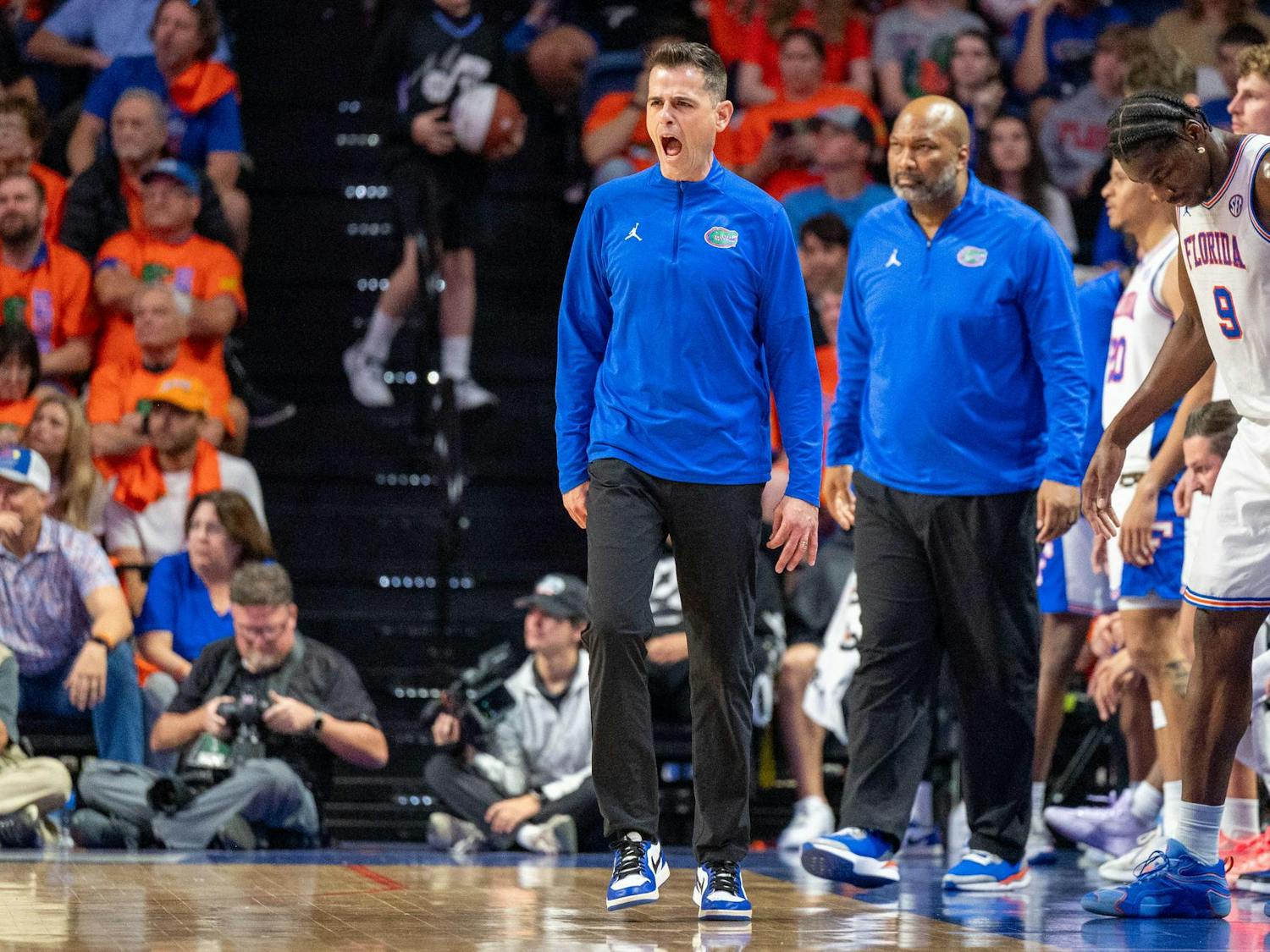 Florida head coach Todd Golden yells down the court during the second half of an NCAA college basketball game against Kentucky, Saturday, Feb. 14, 2026 at Exactech Arena in Gainesville, Fla.