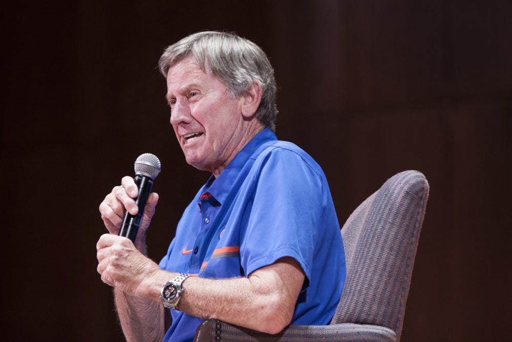 Steve Spurrier speaks to a crowd of about 300 at the University Auditorium on Monday. 