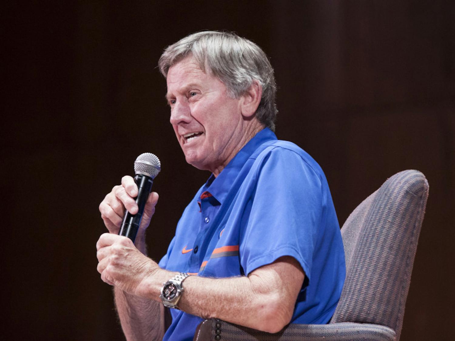 Steve Spurrier speaks to a crowd of about 300 at the University Auditorium on Monday.