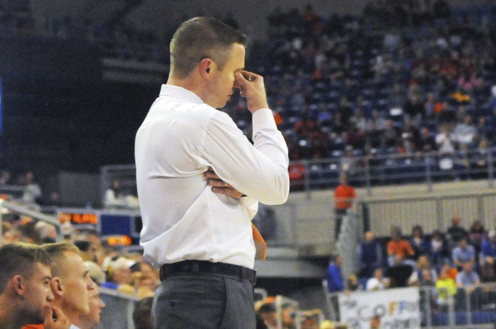 <p>UF coach Mike White reacts after a play during Florida’s 77-63 win against Georgia on Jan. 2, 2016, in the O’Connell Center.</p>