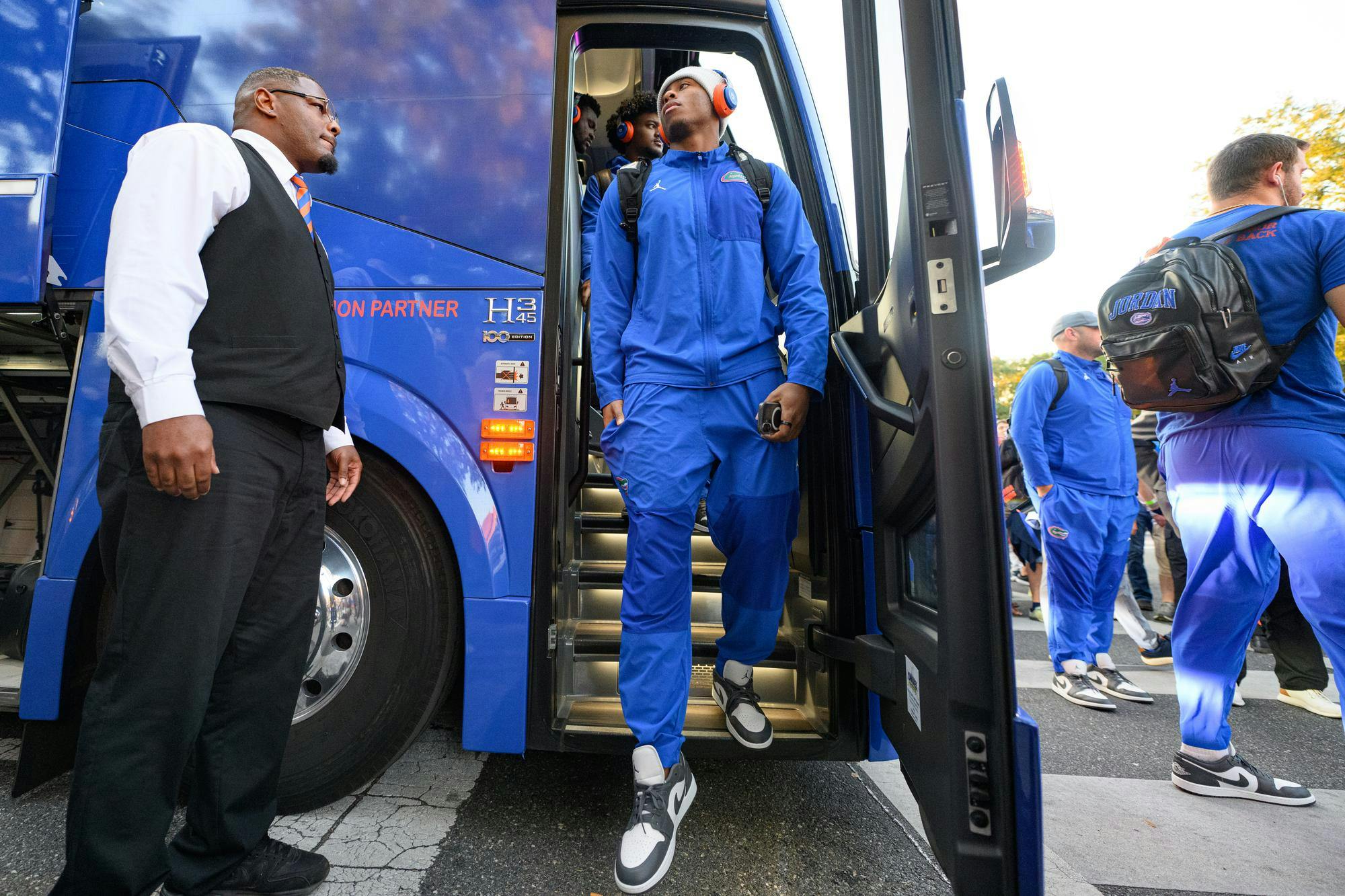 Florida quarterback DJ Lagway (2) walks off the team bus before an NCAA college football game, Saturday, Nov. 22, 2025, in Gainesville, Fla.