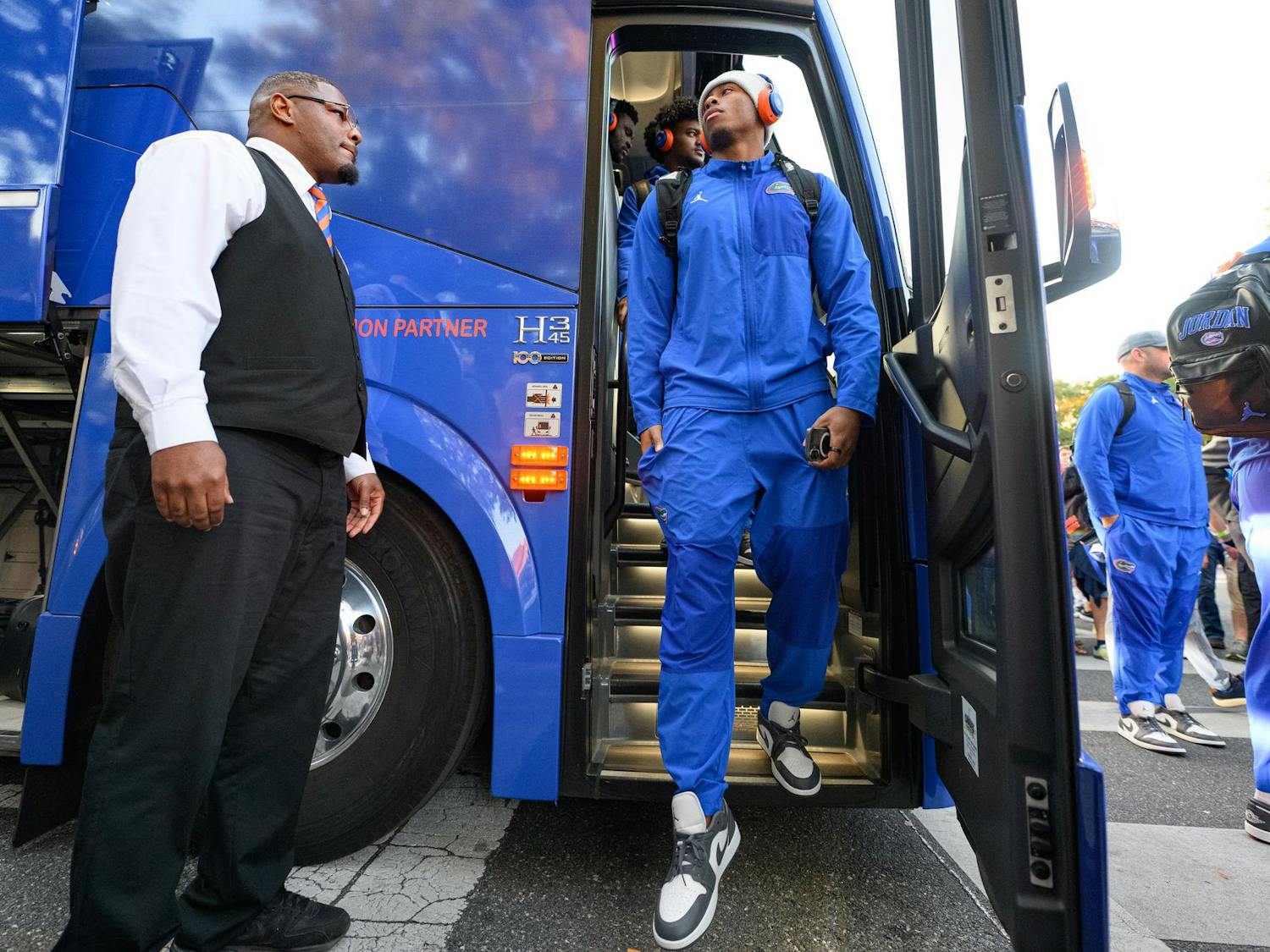 Florida quarterback DJ Lagway (2) walks off the team bus before an NCAA college football game, Saturday, Nov. 22, 2025, in Gainesville, Fla.