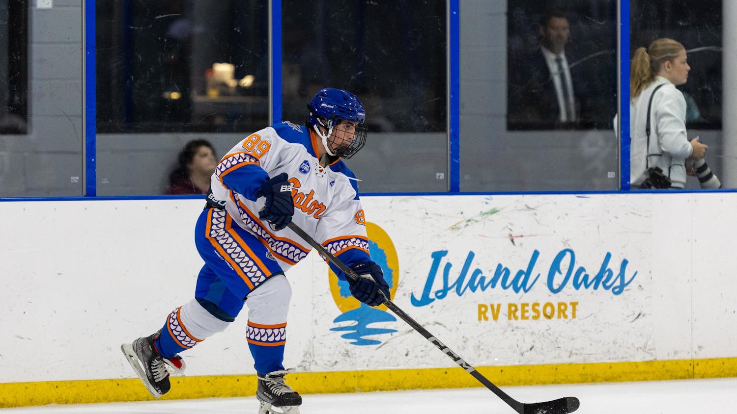 Michael McCoy slaps the puck during the Gators' match against the ERAU Eagles on Sunday, September 7, 2025 at Community First Igloo in Jacksonville, Fla. / Photo by Ryan Friedenberg