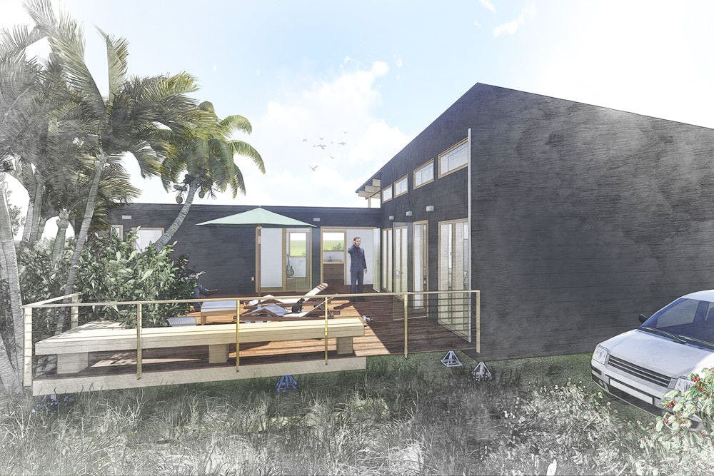 <p>A rendering depicts the driveway area of the Solar Living House, a house a group of about 70 UF students will create as part of the U.S. Department of Energy Solar Decathlon. The house will be completely powered by solar energy and presented from Oct. 8-18 in Irvine, California, for the competition.</p>