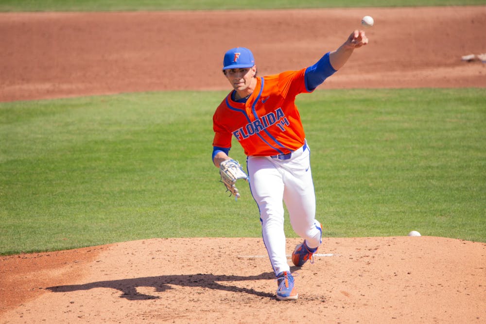 Gators baseball left-handed pitcher Jac Caglianone pitches the ball in the team's 12-5 win over Columbia University on Sunday, February 25, 2024. 