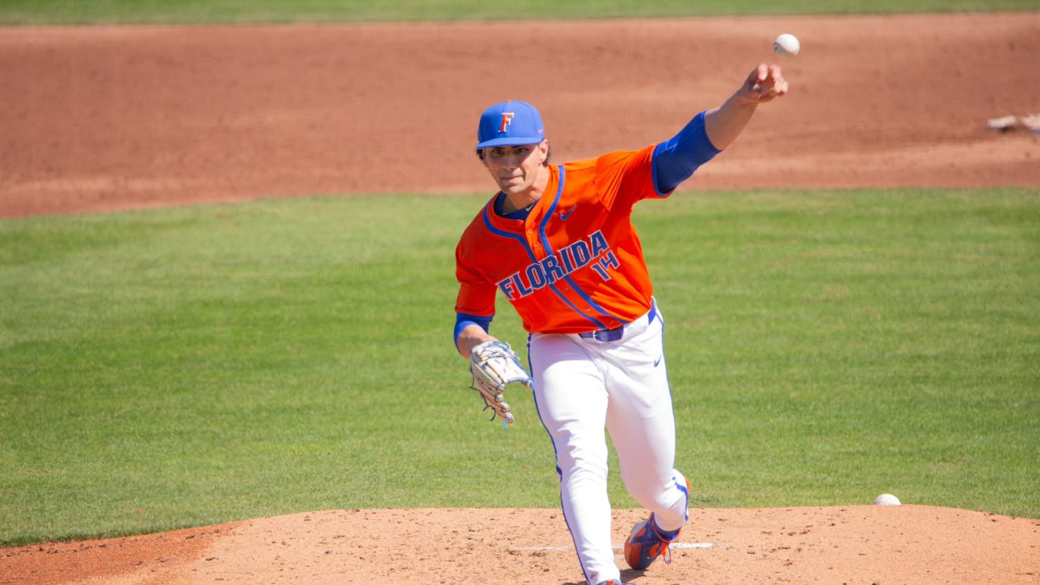 Gators baseball left-handed pitcher Jac Caglianone pitches the ball in the team's 12-5 win over Columbia University on Sunday, February 25, 2024. 