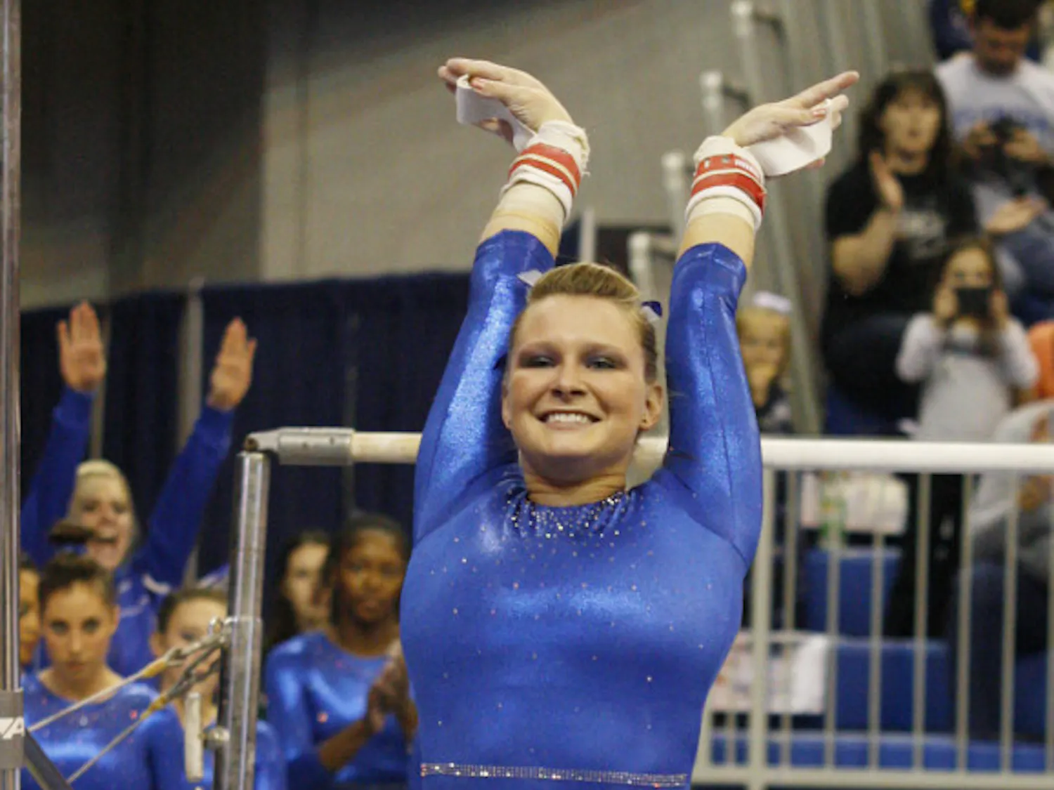 Freshman Bridget Sloan sticks a landing during Florida’s 196.575-190.55 win against Ball State on Jan. 4 in the O’Connell Center.