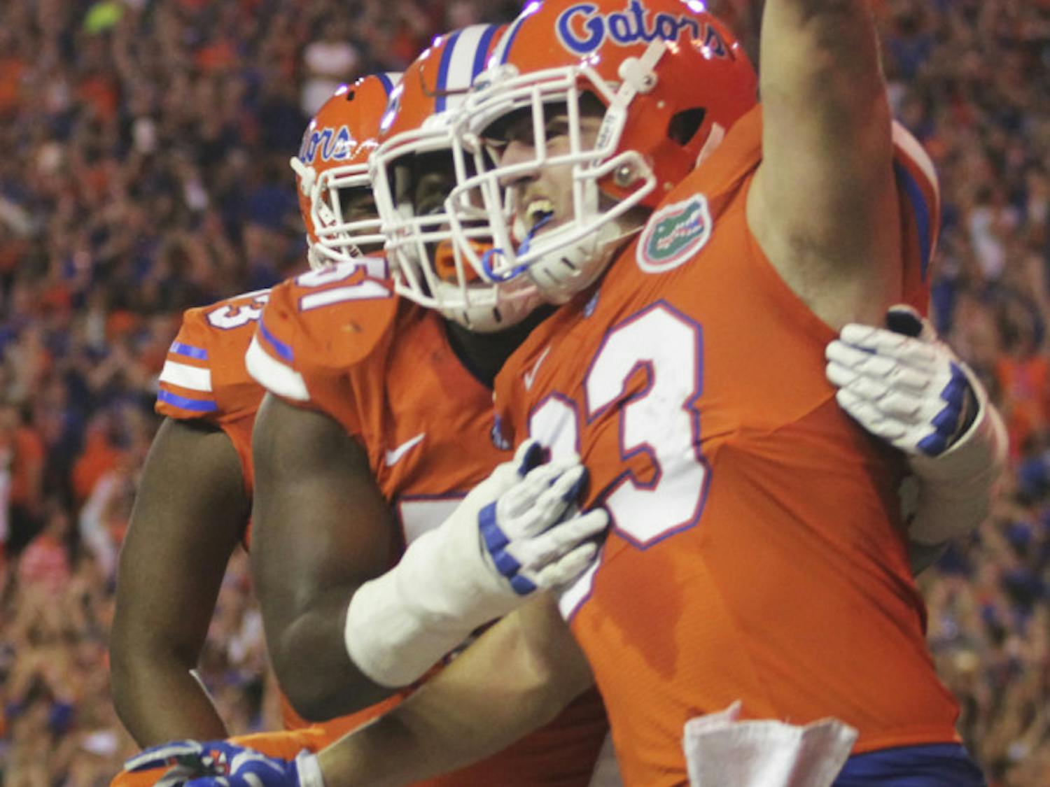 UF tight end Jake McGee celebrates after scoring UF's second touchdown of the game during the Gators' 38-10 win over Ole Miss on Oct. 3, 2015, at Ben Hill Griffin Stadium.
