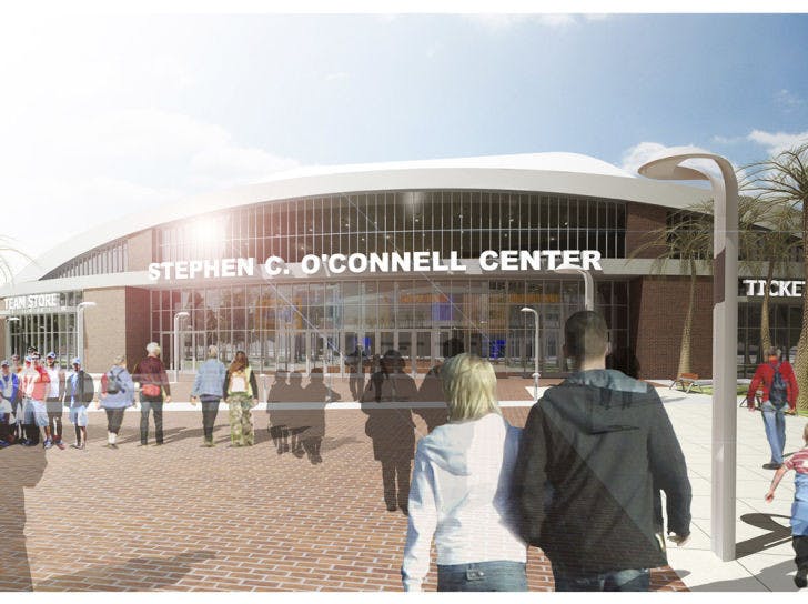 This is a rendering showing the main renovation expected of the O'Connell Center: a prominent new entrance facing the Heavener Football Complex.&nbsp;