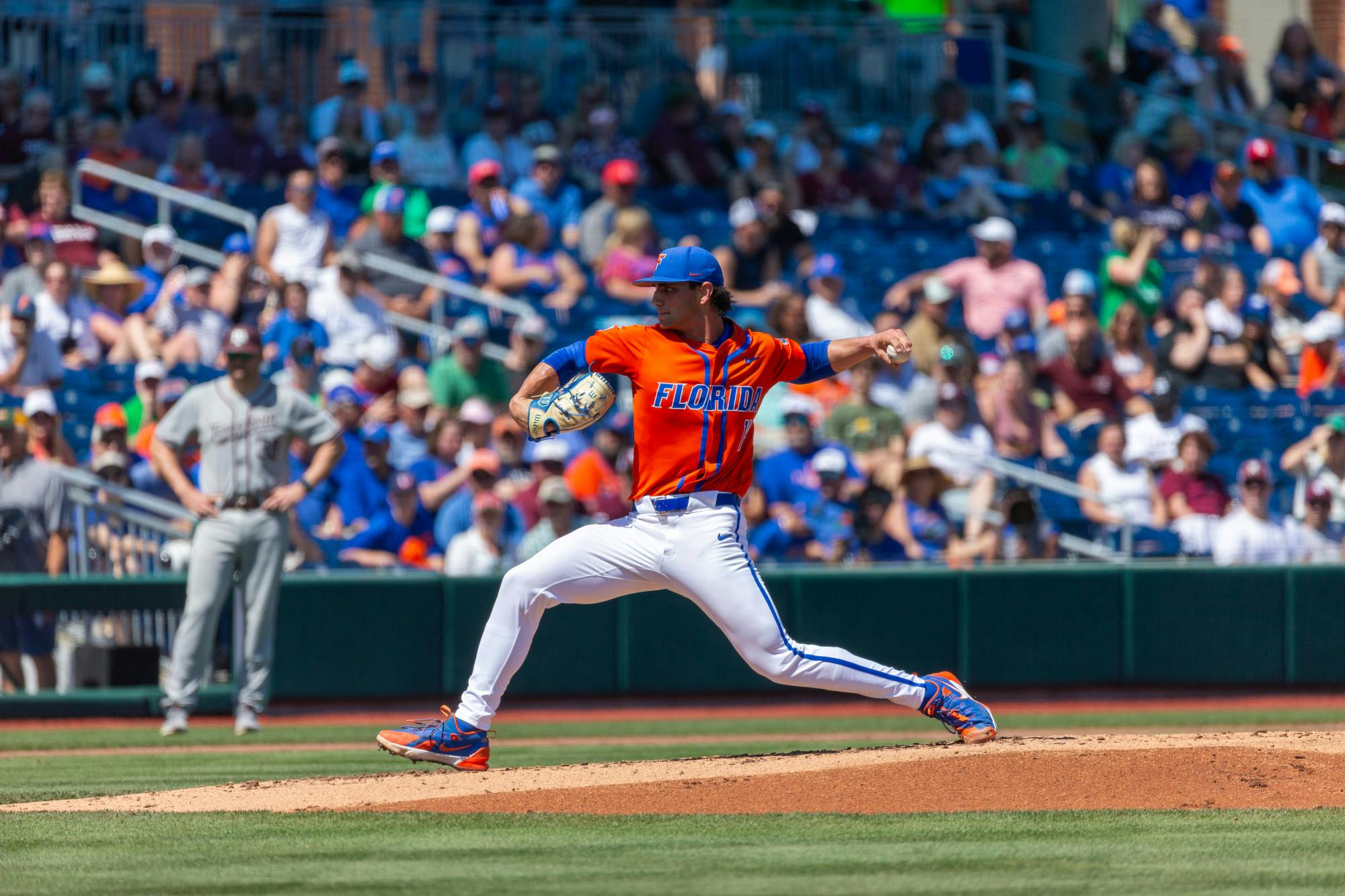 Florida junior left-handed pitcher Jac Caglianone strides to the plate during his outing against the Texas A&M Aggies on Sunday, March 17, 2024. 