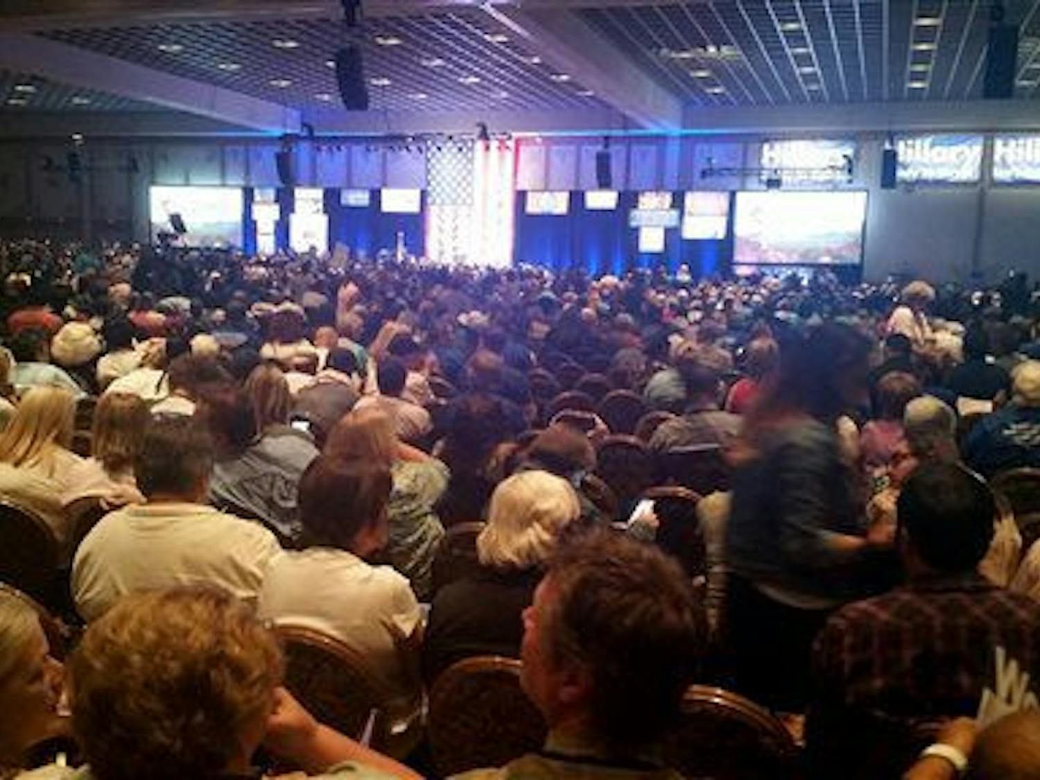 Thousands of people gather at the Paris casino in Las Vegas for the Nevada State Democratic Convention on Saturday, May 14, 2016. They are picking delegates to send to the national convention in July. (AP Photo/Michelle Rindels)