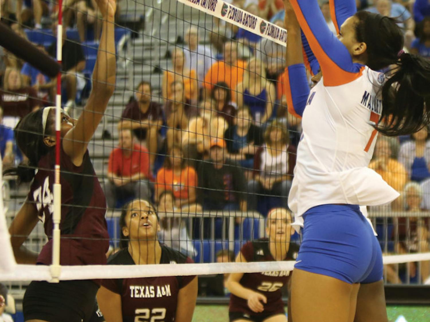 Gabby Mallette blocks the ball during UF’s win against Texas A&amp;M on Oct. 4 in the O’Connell Center.