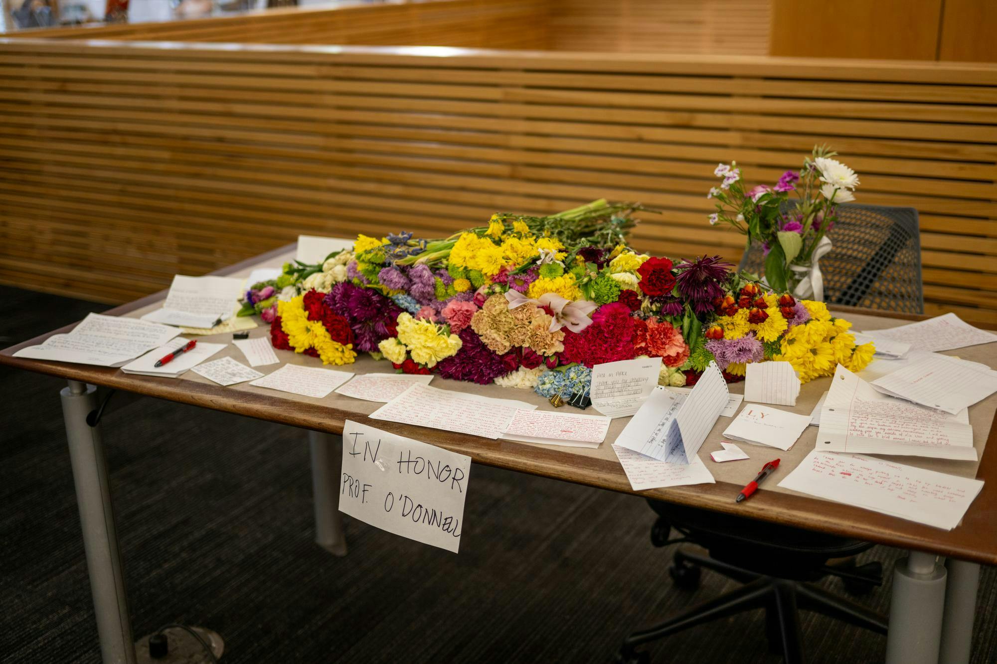 A memorial in honor of Professor Bernard O'Donnell, who died unexpectedly on Sunday, Feb. 23, 2025, lays in Library West at the University of Florida.