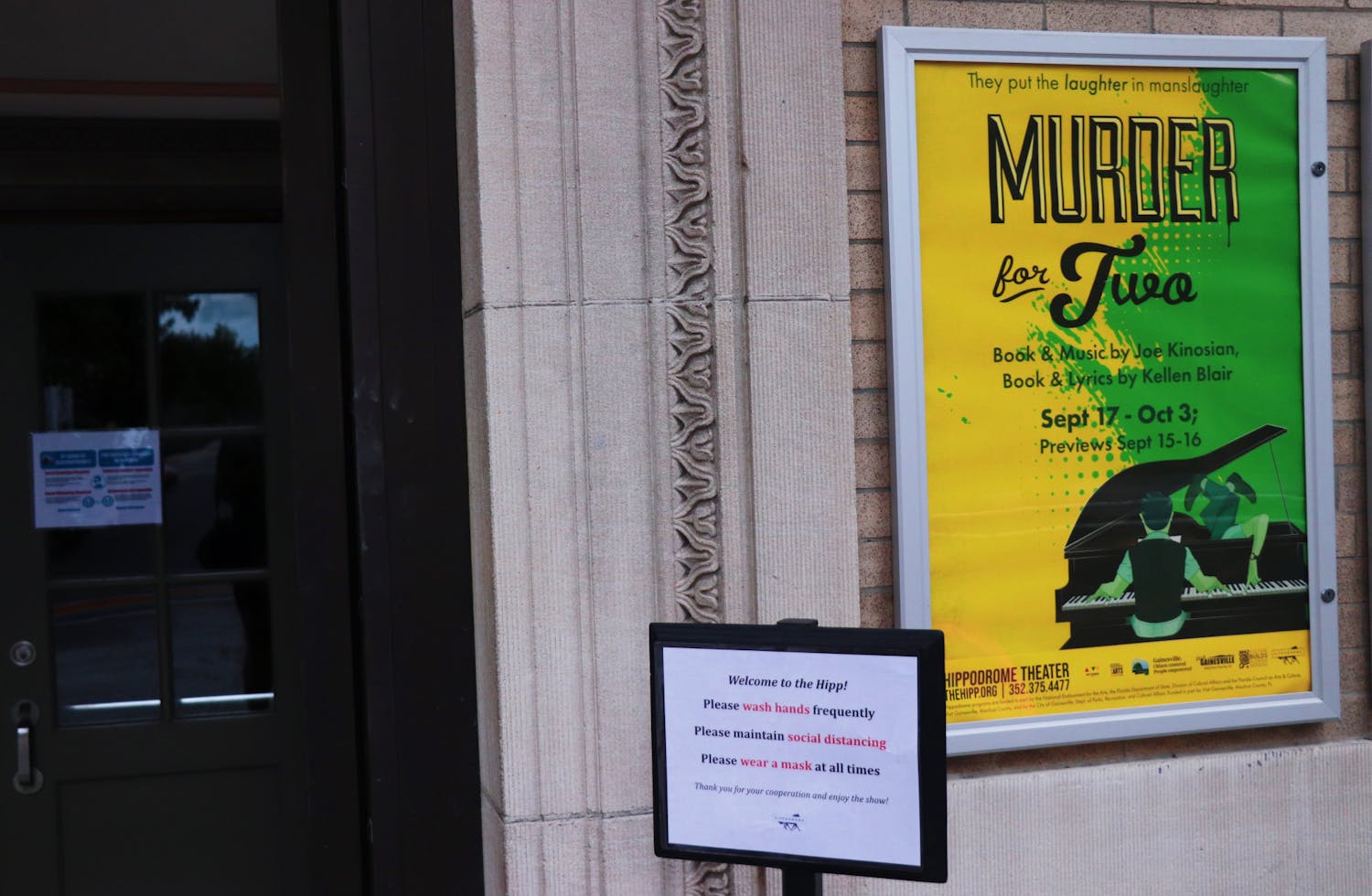 The Hippodrome Theatre, located at 25 SE 2nd Place, will open its doors on Friday, Sept. 17, 2021 for “Murder For Two,” one of the first in-person performances since the beginning of the COVID-19 pandemic.