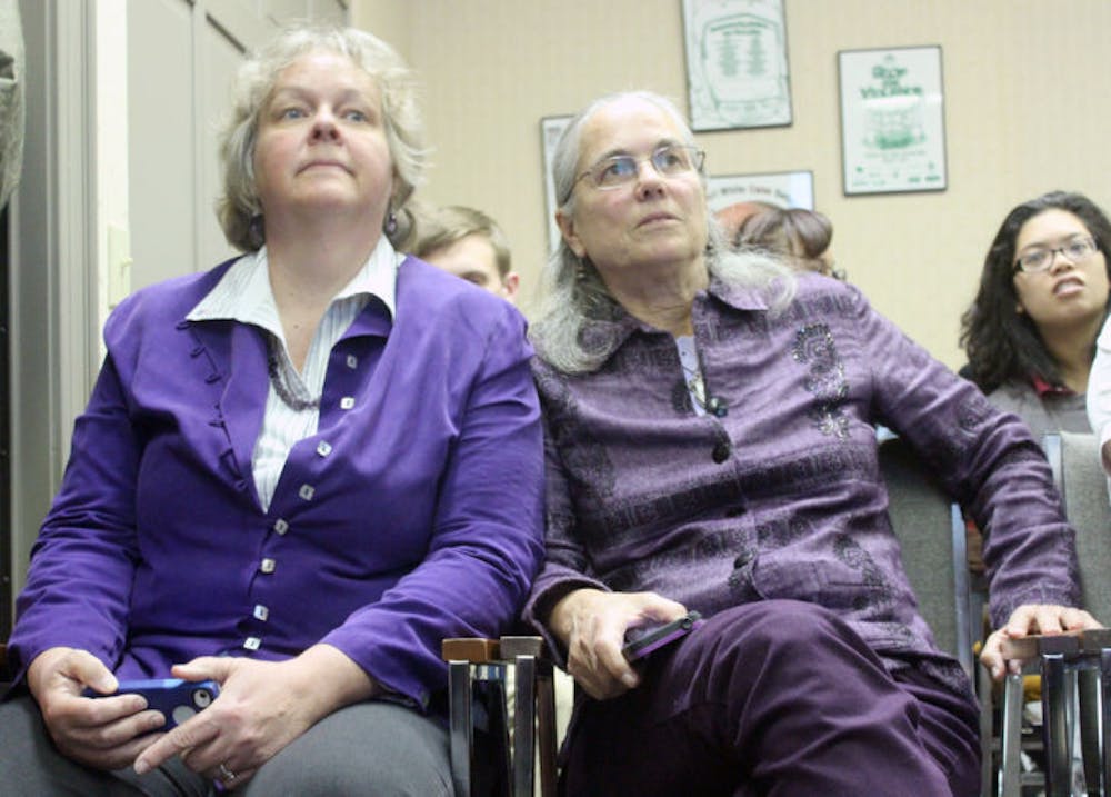 <p class="p1"><span class="s1">City Commission At-Large Seat 2 candidate Helen Warren awaits election results with her partner Florence Turcotte. Warren will be competing against candidate Annie Orlando in a runoff election on April 8. &nbsp; &nbsp;</span></p>