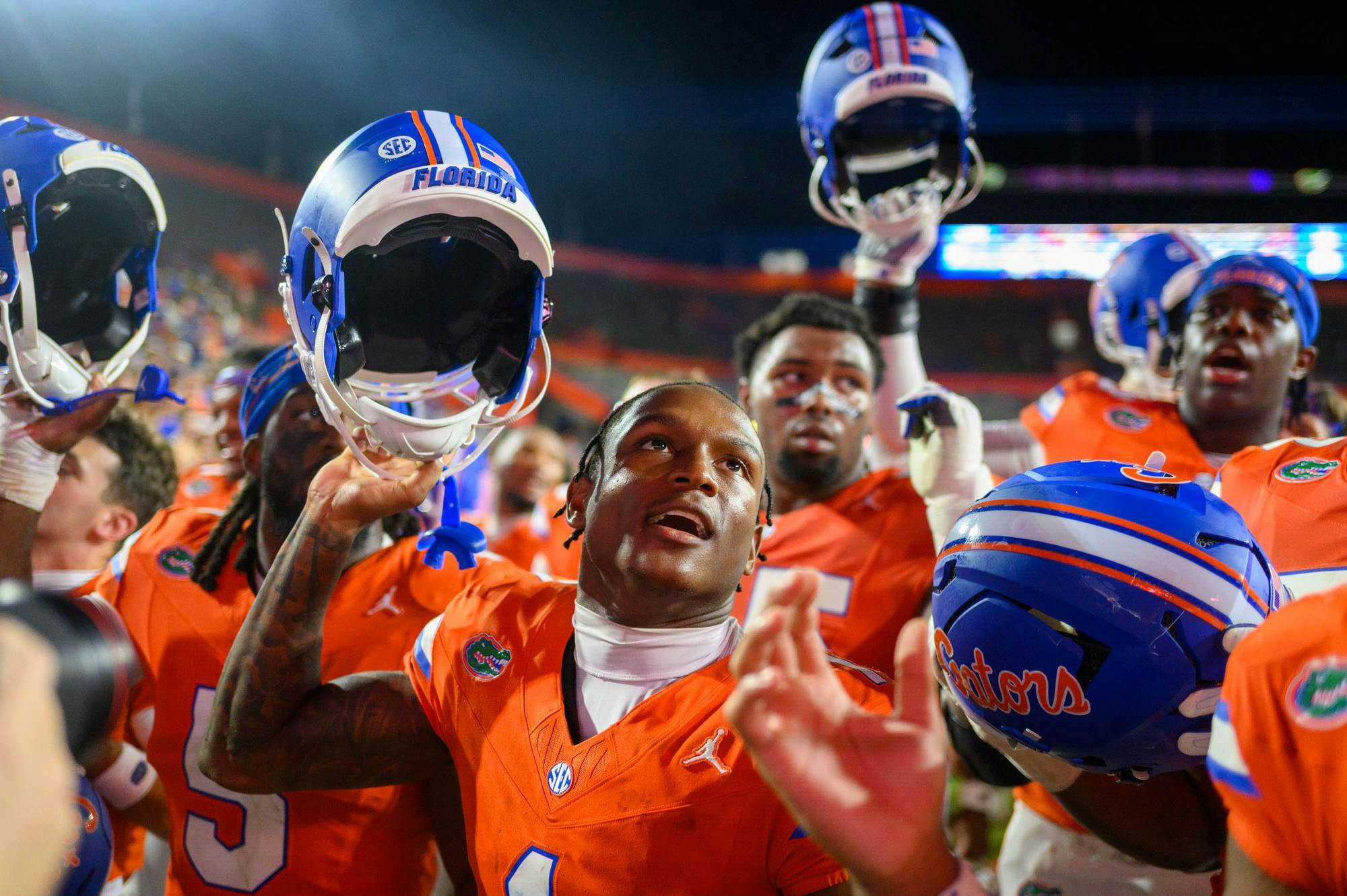 Florida wide receiver Vernell Brown III (1) dances after an NCAA college football game against Campbell, Saturday, Sept. 12, 2026, in Gainesville, Fla.