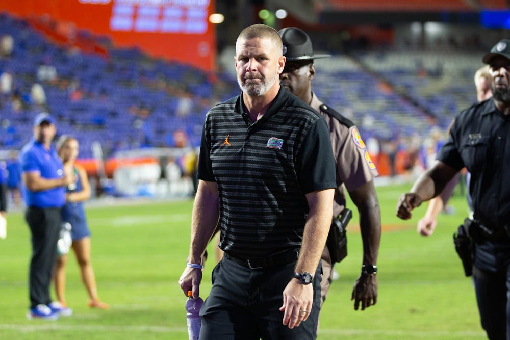 Florida football head coach Billy Napier leaves the field after being defeated by the Texas A&M Aggies on Saturday, Sept, 14.