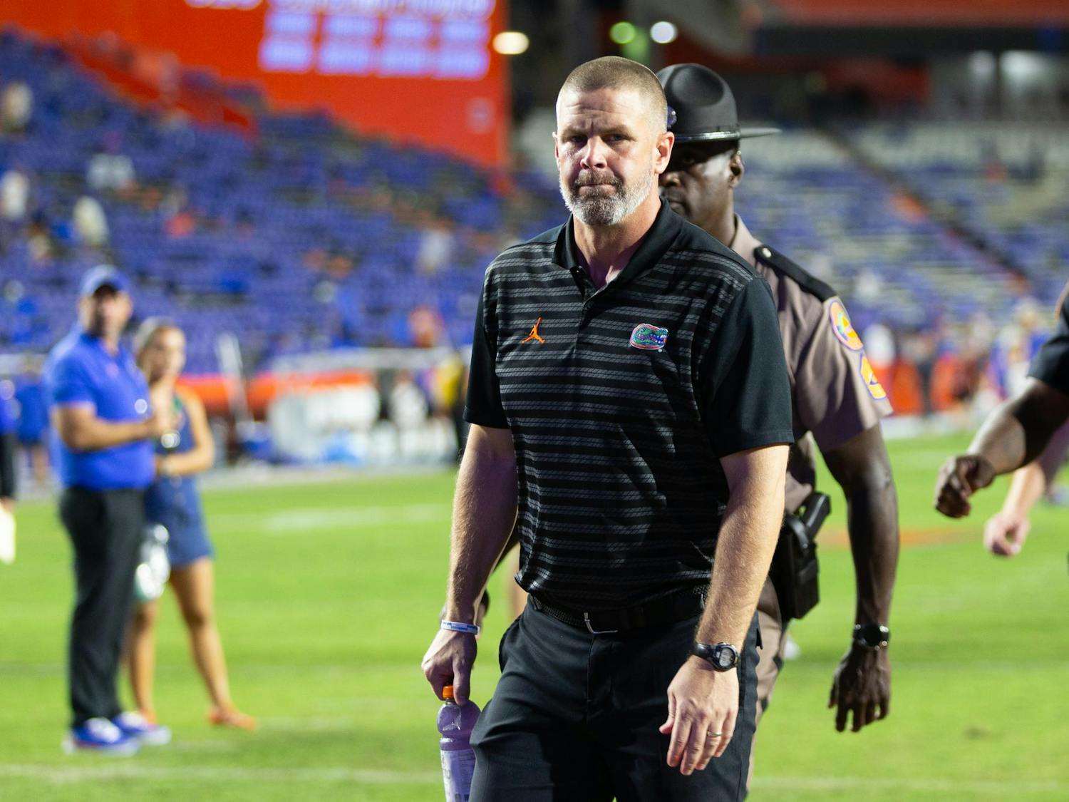 Florida football head coach Billy Napier leaves the field after being defeated by the Texas A&M Aggies on Saturday, Sept, 14.