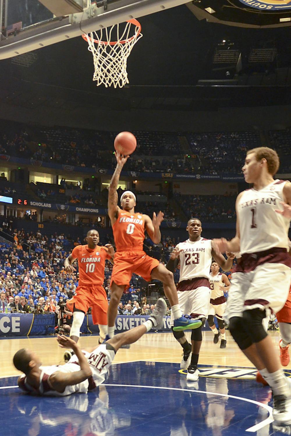 <p>Kasey Hill attempts a floater during Florida's 72-66 loss to Texas A&amp;M in the SEC Tournament in Nashville on March 11, 2016.</p>