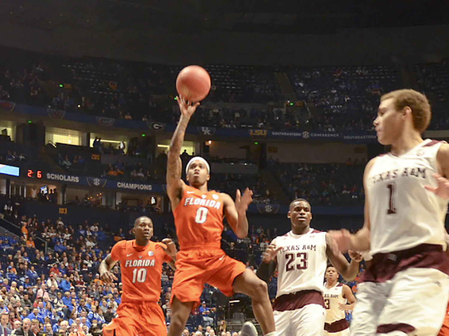 Kasey Hill attempts a floater during Florida's 72-66 loss to Texas A&M in the SEC Tournament in Nashville on March 11, 2016.