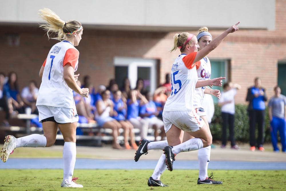 <p>Junior Tessa Andujar celebrates her first goal of the season during Florida's 2-0 win against Jacksonville in the first round of the NCAA Tournament on Saturday at James G. Pressly Stadium.</p>