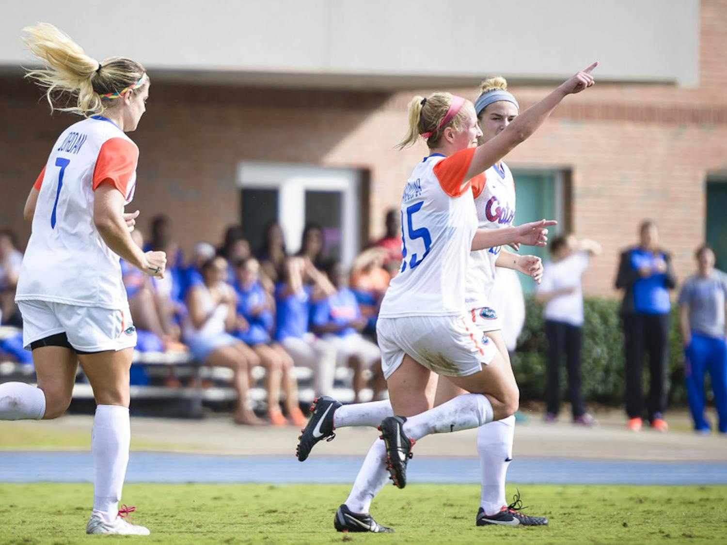 Junior Tessa Andujar celebrates her first goal of the season during Florida's 2-0 win against Jacksonville in the first round of the NCAA Tournament on Saturday at James G. Pressly Stadium.