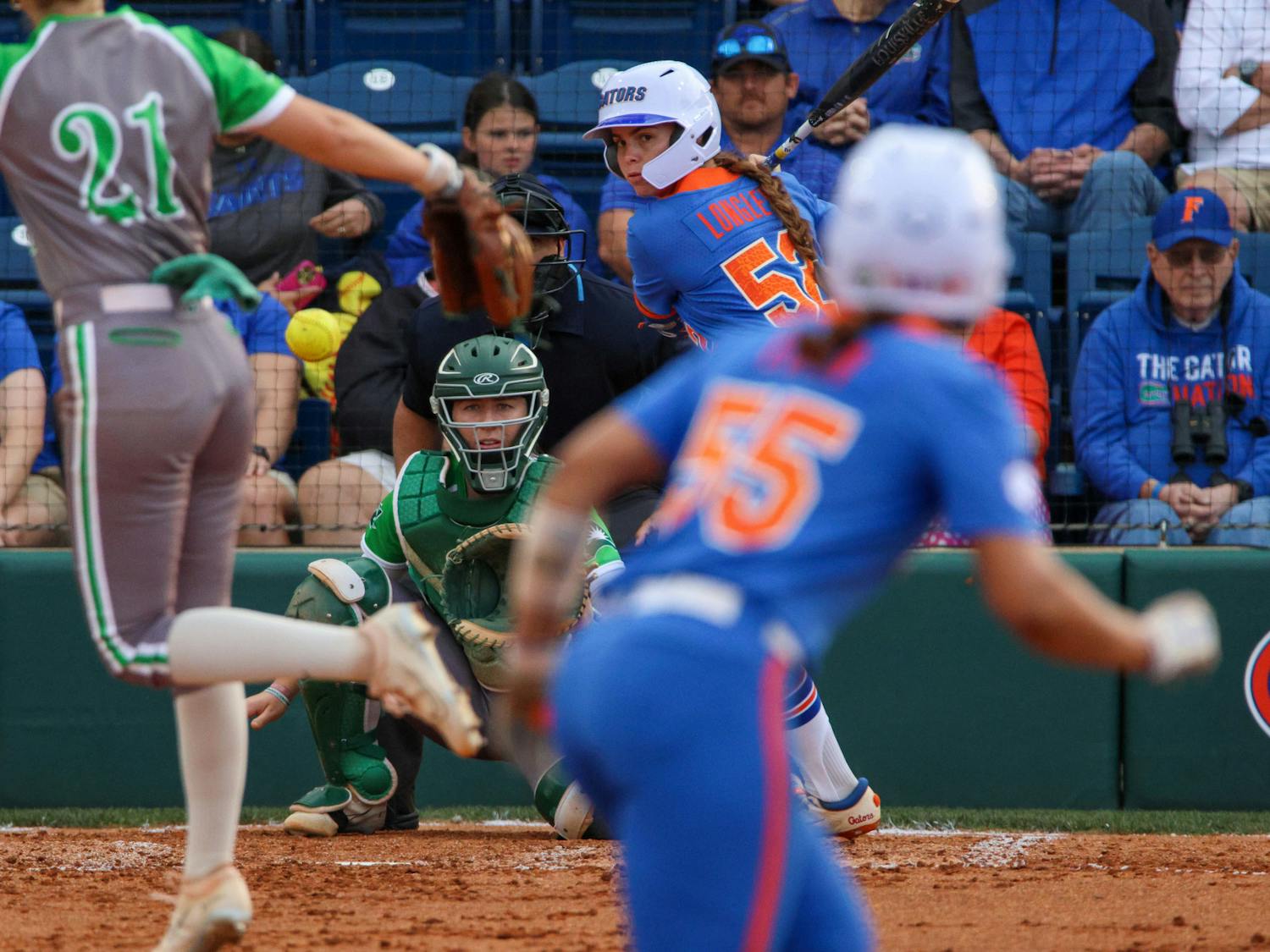 Florida utility player Sarah Longley takes the plate during the Gators' 8-0 win against the Stetson Hatters Wednesday, March 29, 2023.