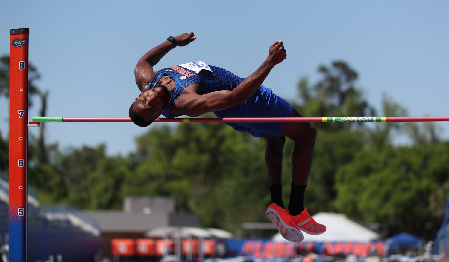 Clayton Brown vaults himself over the bar in the high jump during the Pepsi Florida Relays on Friday, April 2, 2021 at Percy Beard Track at James G. Pressly Stadium in Gainesville. The Gators participated in their first outdoor meet of the season last week. / UAA Communications photo by Courtney Culbreath