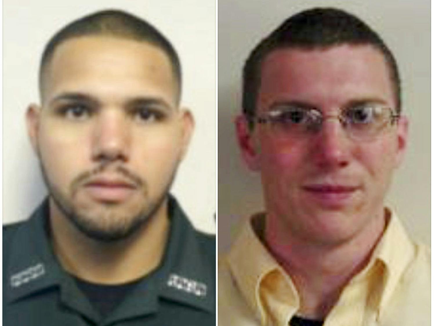 These undated photos made available by the Gilchrist County Sheriff's Office shows Sgt. Noel Ramirez, left, and Deputy Taylor Lindsey. Authorities say the two Florida sheriff's deputies were shot dead, Thursday, April 19, 2018, through the window of a Chinese restaurant in Gilchrist, Fla., by a man who then killed himself.&nbsp;