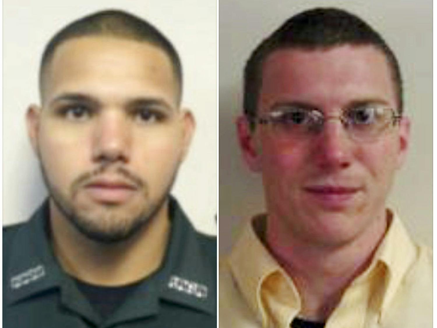 These undated photos made available by the Gilchrist County Sheriff's Office shows Sgt. Noel Ramirez, left, and Deputy Taylor Lindsey. Authorities say the two Florida sheriff's deputies were shot dead, Thursday, April 19, 2018, through the window of a Chinese restaurant in Gilchrist, Fla., by a man who then killed himself. 