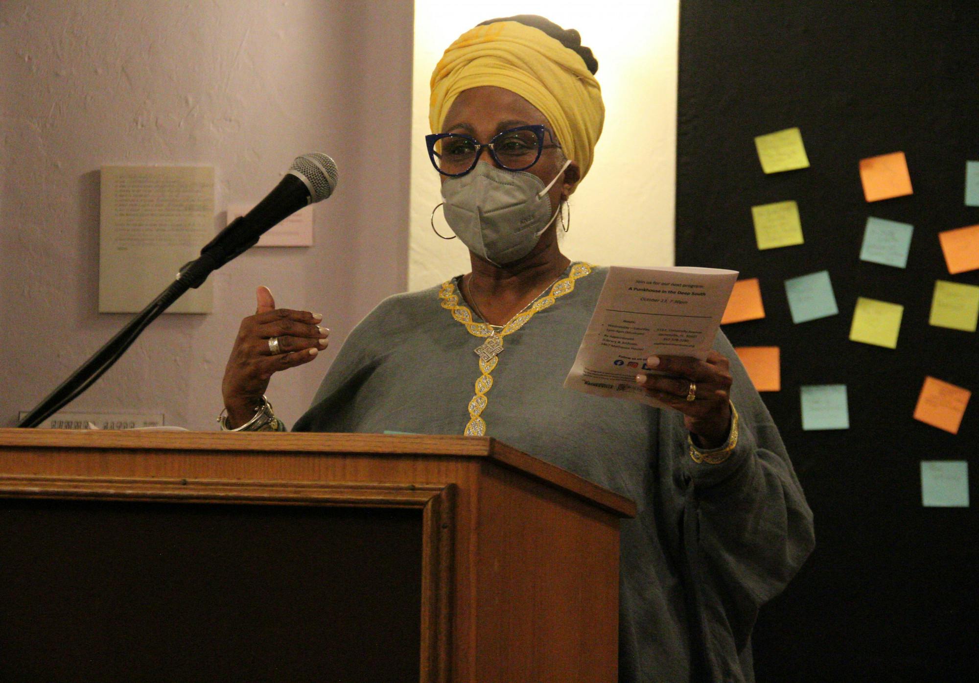 Dr. Desta Meghoo speaks at the A. Quinn Jones, Black Education, and HBCUs event held at the Matheson History Museum on Thursday, Sept. 23, 2021. Dr. Meghoo is a curator of an upcoming exhibit at the A. Quinn Jones Museum and Cultural Center. 