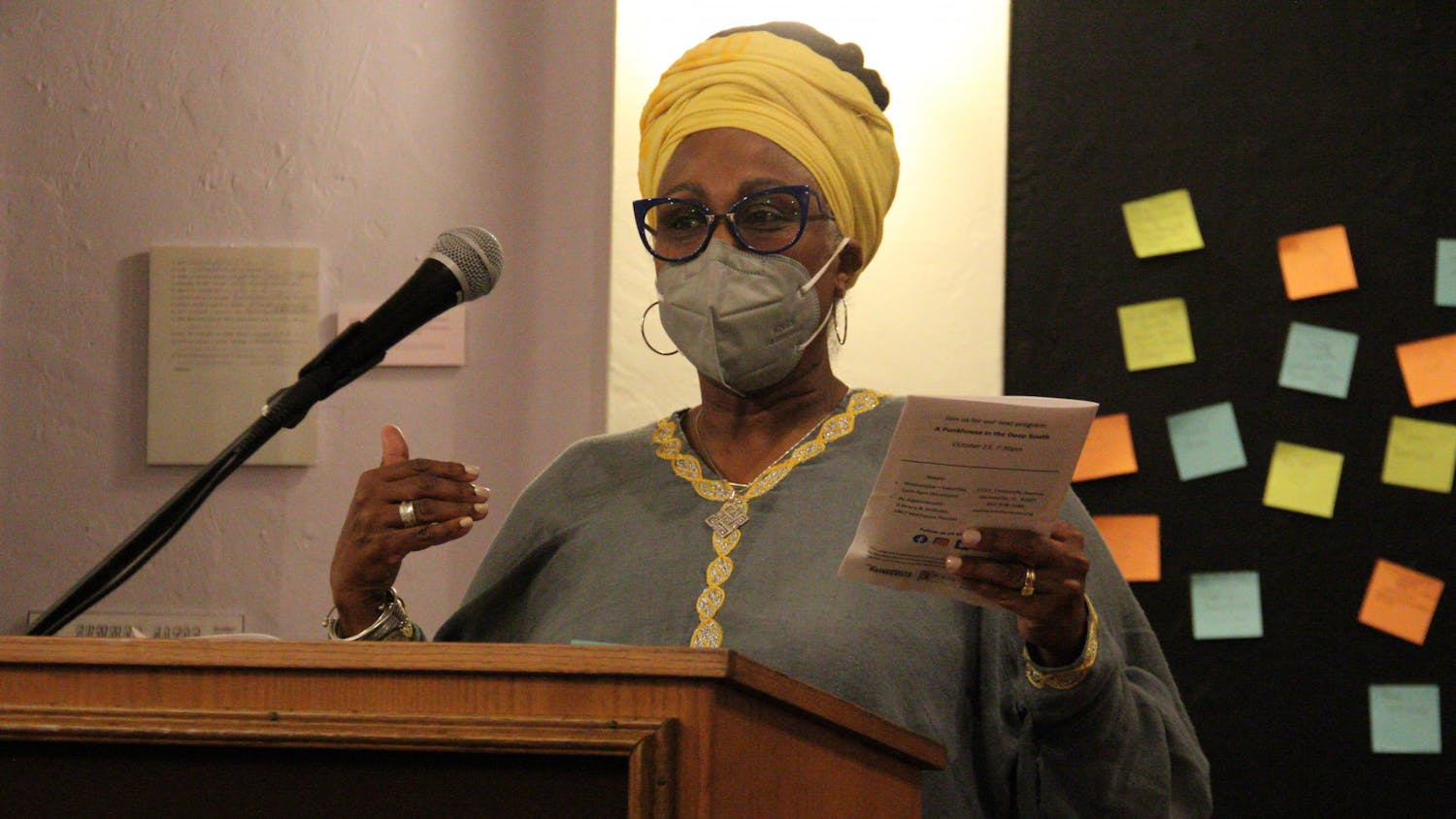 Dr. Desta Meghoo speaks at the A. Quinn Jones, Black Education, and HBCUs event held at the Matheson History Museum on Thursday, Sept. 23, 2021. Dr. Meghoo is a curator of an upcoming exhibit at the A. Quinn Jones Museum and Cultural Center. 