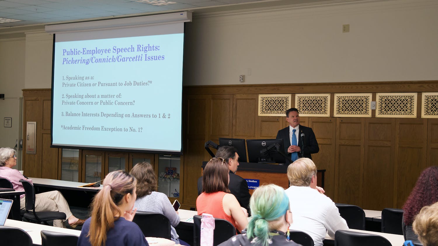 Clay Calvert, former director of the Marion B. Brechner First Amendment Project at UF, gives a speech about the legality of academic freedom at the College of Liberal Arts and Sciences, Tuesday, March 28, 2023. 
